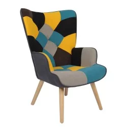 Πολυθρόνα  BRIAR Κίτρινο/Μπλε Patchwork Ύφασμα/Ξύλο 73x69x96cm