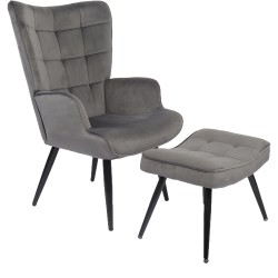 Πολυθρόνα Μπερζέρα Με Υποπόδιο  LENNOX Γκρι Βελούδο/Ξύλο 96x68x73cm