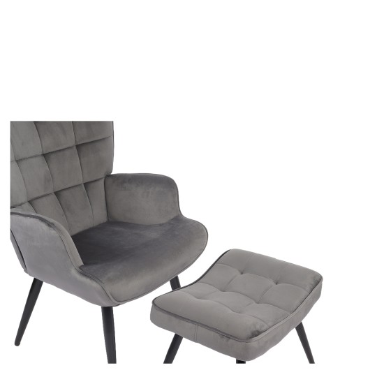 Πολυθρόνα Μπερζέρα Με Υποπόδιο  LENNOX Γκρι Βελούδο/Ξύλο 96x68x73cm