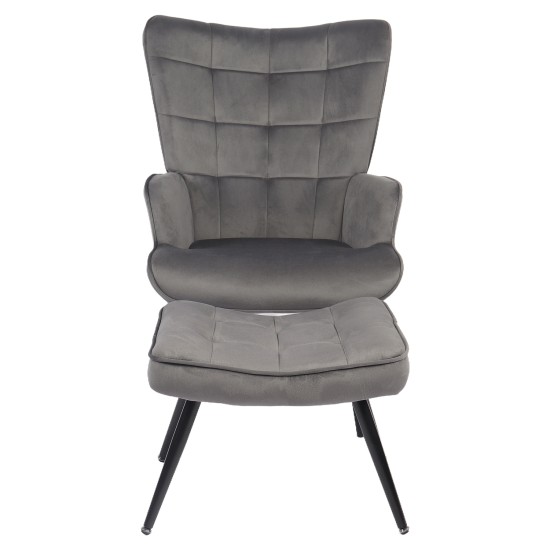 Πολυθρόνα Μπερζέρα Με Υποπόδιο  LENNOX Γκρι Βελούδο/Ξύλο 96x68x73cm