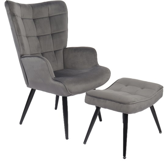 Πολυθρόνα Μπερζέρα Με Υποπόδιο  LENNOX Γκρι Βελούδο/Ξύλο 96x68x73cm