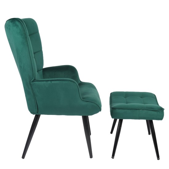 Πολυθρόνα Μπερζέρα Με Υποπόδιο  LENNOX Πράσινο Βελούδο/Ξύλο 96x68x73cm