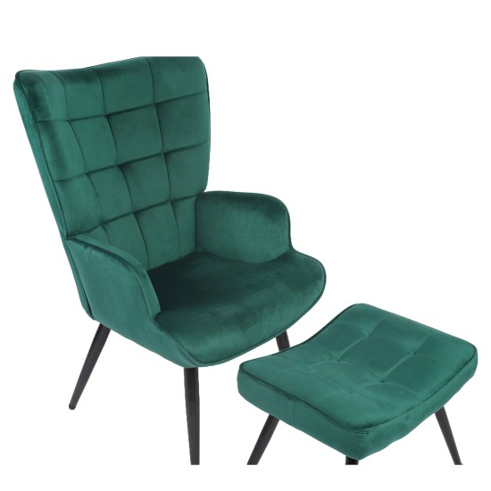 Πολυθρόνα Μπερζέρα Με Υποπόδιο  LENNOX Πράσινο Βελούδο/Ξύλο 96x68x73cm