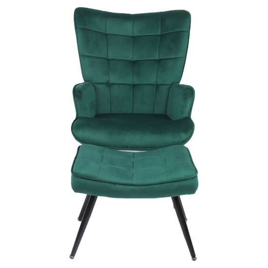 Πολυθρόνα Μπερζέρα Με Υποπόδιο  LENNOX Πράσινο Βελούδο/Ξύλο 96x68x73cm