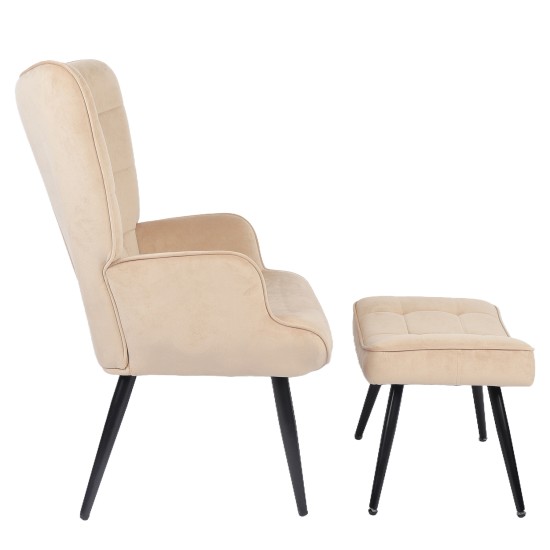 Πολυθρόνα Μπερζέρα Με Υποπόδιο  LENNOX Μπεζ Βελούδο/Ξύλο 96x68x73cm