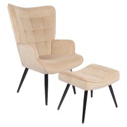 Πολυθρόνα Μπερζέρα Με Υποπόδιο  LENNOX Μπεζ Βελούδο/Ξύλο 96x68x73cm