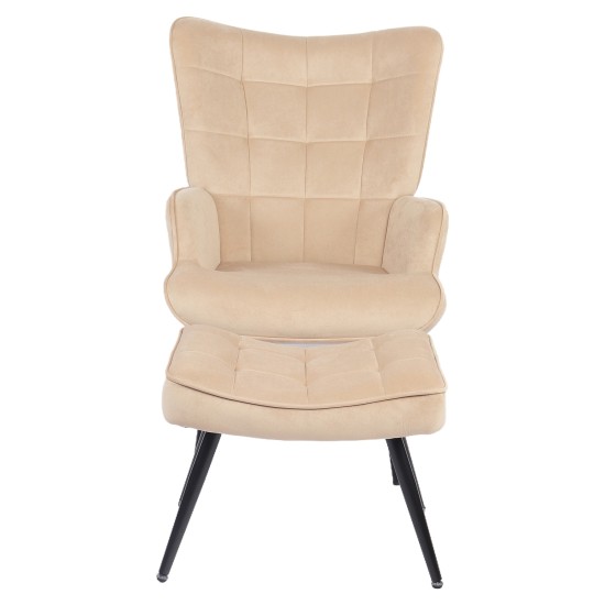 Πολυθρόνα Μπερζέρα Με Υποπόδιο  LENNOX Μπεζ Βελούδο/Ξύλο 96x68x73cm