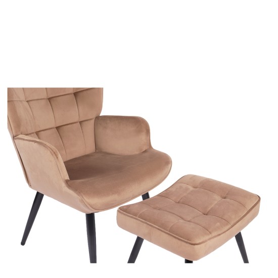 Πολυθρόνα Μπερζέρα Με Υποπόδιο  LENNOX Καφέ Βελούδο/Ξύλο 96x68x73cm