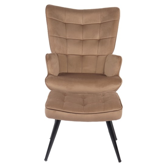 Πολυθρόνα Μπερζέρα Με Υποπόδιο  LENNOX Καφέ Βελούδο/Ξύλο 96x68x73cm