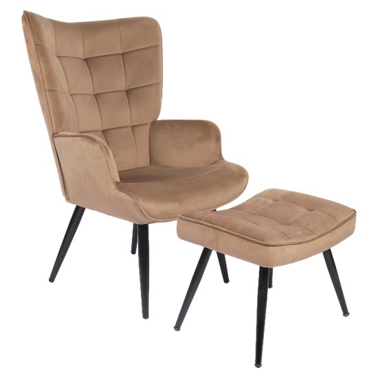 Πολυθρόνα Μπερζέρα Με Υποπόδιο  LENNOX Καφέ Βελούδο/Ξύλο 96x68x73cm