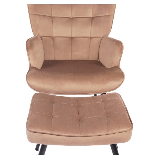 Πολυθρόνα Μπερζέρα Με Υποπόδιο  LENNOX Καφέ Βελούδο/Ξύλο 96x68x73cm