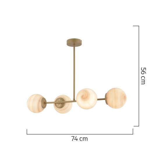 Φωτιστικό Κρεμαστό  CHAMAELEON Τετράφωτο Χρυσό/Μελί Μέταλλο/Γυαλί 74x56cm