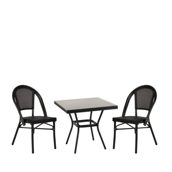 Σετ Τραπεζαρία Κήπου ArteLibre ANGOLA Μαύρο Αλουμίνιο/Γυαλί Με 2 Καρέκλες 14990236 - ART-14990236