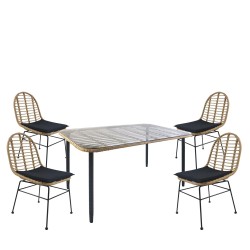 Σετ Τραπεζαρία Κήπου  ANNIUS Φυσικό/Μαύρο Μέταλλο/Rattan/Γυαλί Με 4 Καρέκλες 14990285