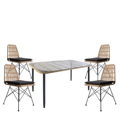 Σετ Τραπεζαρία Κήπου  ANNIUS Φυσικό/Μαύρο Μέταλλο/Rattan/Γυαλί Με 4 Καρέκλες 14990289