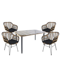 Σετ Τραπεζαρία Κήπου  ANNIUS Φυσικό/Μαύρο Μέταλλο/Rattan/Γυαλί Με 4 Καρέκλες 14990293