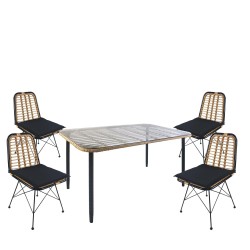 Σετ Τραπεζαρία Κήπου  ANNIUS Φυσικό/Μαύρο Μέταλλο/Rattan/Γυαλί Με 4 Καρέκλες 14990301