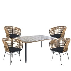 Σετ Τραπεζαρία Κήπου  ANNIUS Φυσικό/Μαύρο Μέταλλο/Rattan/Γυαλί Με 4 Καρέκλες 14990305