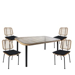 Σετ Τραπεζαρία Κήπου  AMPIUS Φυσικό/Μαύρο Μέταλλο/Rattan/Γυαλί Με 4 Καρέκλες 14990311