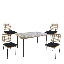 Σετ Τραπεζαρία Κήπου  ANNIUS Φυσικό/Μαύρο Μέταλλο/Rattan/Γυαλί Με 4 Καρέκλες 14990313