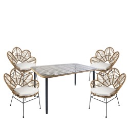 Σετ Τραπεζαρία Κήπου  ANNIUS Φυσικό/Μαύρο Μέταλλο/Rattan/Γυαλί Με 4 Καρέκλες 14990317