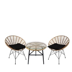 Σετ Τραπεζαρία Κήπου  ARELLIUS Φυσικό/Μαύρο Μέταλλο/Rattan/Γυαλί Με 2 Καρέκλες 14990349