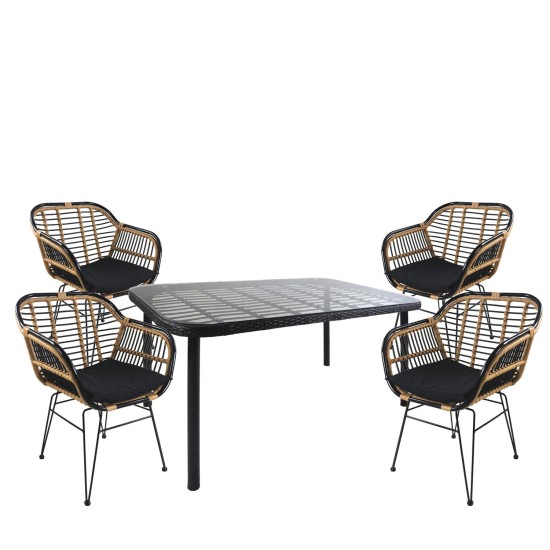 Σετ Τραπεζαρία Κήπου  AMPLAS Μαύρο Μέταλλο/Rattan/Γυαλί Με 4 Καρέκλες 14990365