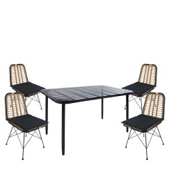 Σετ Τραπεζαρία Κήπου  ANNIUS Μαύρο Μέταλλο/Rattan/Γυαλί Με 4 Καρέκλες 14990372