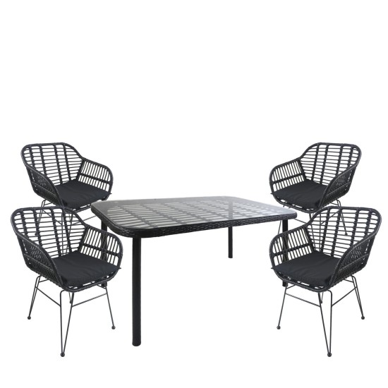 Σετ Τραπεζαρία Κήπου  AMPLAS Μαύρο Μέταλλο/Rattan/Γυαλί Με 4 Καρέκλες 14990377