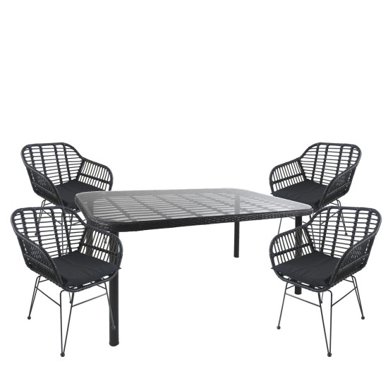 Σετ Τραπεζαρία Κήπου AMPIUS Μαύρο Μέταλλο/Rattan/Γυαλί Με 4 Καρέκλες 14990379 Σετ Τραπεζαρία Κήπου AMPIUS Μαύρο Μέταλλο/Rattan/Γυαλί Με 4 Καρέκλες 14990379