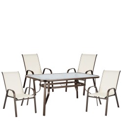 Σετ Τραπεζαρία Κήπου  SUN Κρεμ/Καφέ Μέταλλο/Textilene/Γυαλί Με 4 Πολυθρόνες 14990481