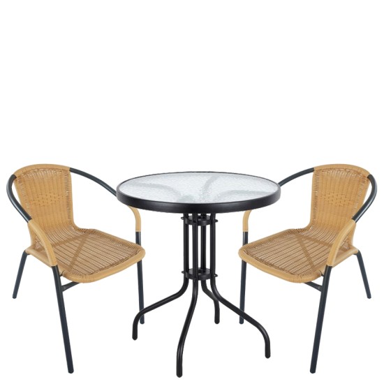 Σετ Τραπεζαρία Κήπου  EARTH Μαύρο/Μπεζ Μέταλλο/Rattan/Γυαλί Με 2 Πολυθρόνες 14990484