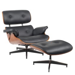 Πολυθρόνα Relax  MIREN Με Υποπόδιο Μαύρο/Καφέ Ξύλο/PU 82x92x78cm