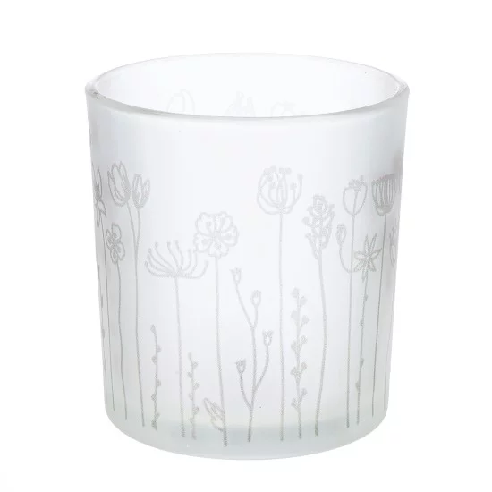 Φανάρι Καταιγίδας Cylindrical "Flower" Λουλουδάτο Design Γυάλινο Λευκό PU 18 H. cm D. 7 cm