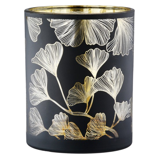 Φανάρι Καταιγίδας Cylindrical "Ginkgo" Ginkgo Motif Γυάλινο Μαύρο PU 18 H. cm D. 7 cm