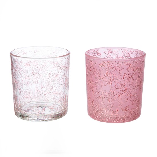 Φανάρι Καταιγίδας Cylindrical "Rose" Λουλουδάτο Pattern Γυάλινο Clear Rose PU 18 Pcs. Assorted H. cm D. 7 cm