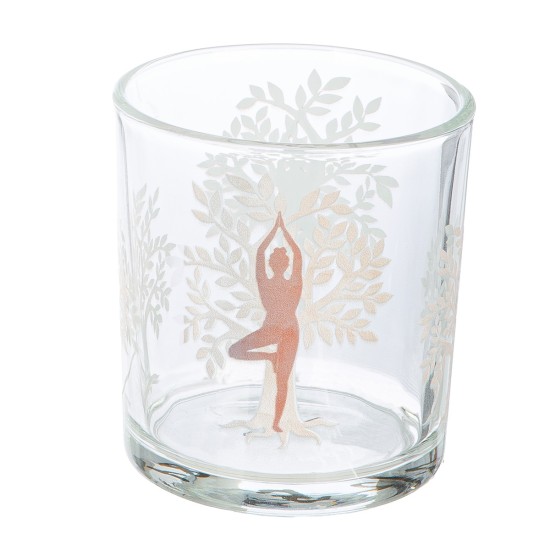 Φανάρι Καταιγίδας Cylindrical "Namaste" Δέντρο Motif Lotus Motif Yoga Motif Γυάλινο Brown Clear PU 18 Pcs. Assorted H. c