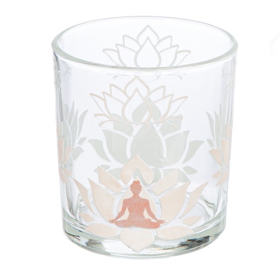 Φανάρι Καταιγίδας Cylindrical "Namaste" Δέντρο Motif Lotus Motif Yoga Motif Γυάλινο Brown Clear PU 18 Pcs. Assorted H. c