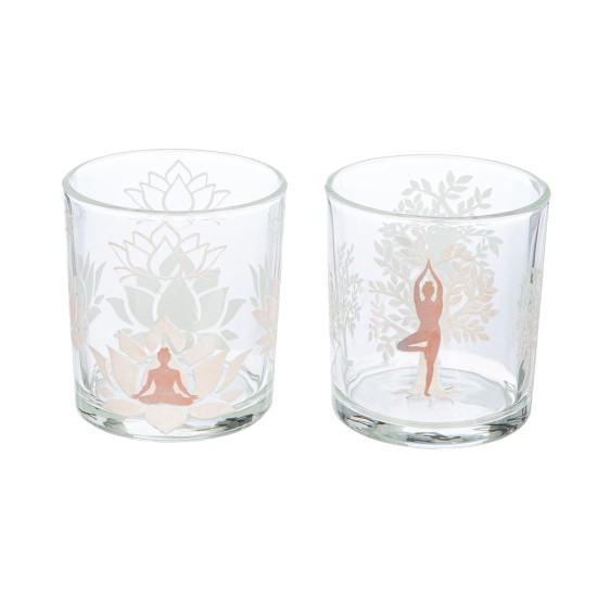 Φανάρι Καταιγίδας Cylindrical "Namaste" Δέντρο Motif Lotus Motif Yoga Motif Γυάλινο Brown Clear PU 18 Pcs. Assorted H. c