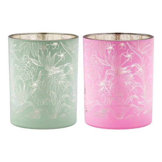 Φανάρι Καταιγίδας Cylindrical "Tropic" Leaf Motif Γυάλινο Πράσινο Pink PU 18 Pcs. Assorted H. cm D. 7 cm