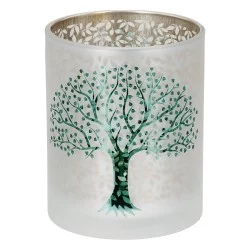 Φανάρι Κυλινδρικό Δέντρο Μοτίφ Γυάλινα Πράσινο Λευκό D10X13Cm D10X13Cm