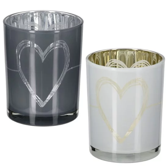 Φανάρι κυλινδρικό μοτίβο καρδιάς Γυάλινα σκεύη Γκρι Λευκό 2 Ποικιλία D10X13Cm D10X13Cm
