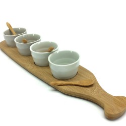 Δίσκος Σερβιρίσματος Ορεκτικών Με 4 Δοχεία 24cc Και Κουτάλια Λευκό/Φυσικό Ξύλο/Κεραμικό 44cm
