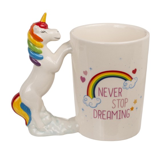 Κούπα 'Never Stop Dreaming' Με Λαβή Μονόκερως Λευκό Κεραμικό 11x9cm