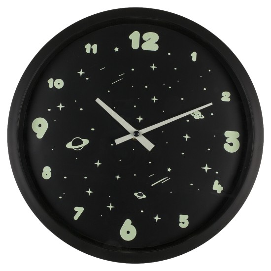 Ρολόι Τοίχου Διάστημα Φωσφοριζέ Μαύρο Πλαστικό Φ30cm
