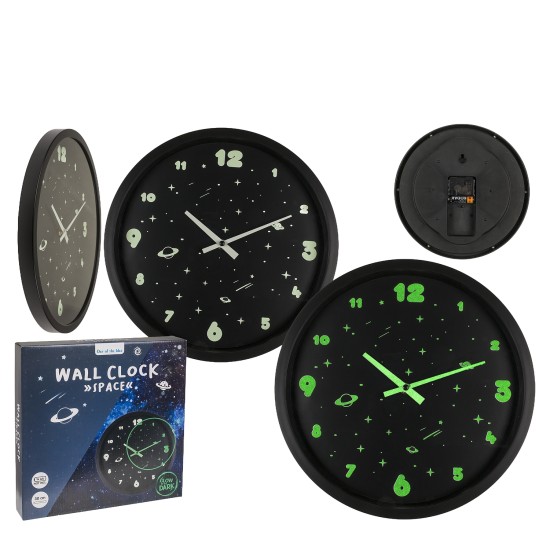 Ρολόι Τοίχου Διάστημα Φωσφοριζέ Μαύρο Πλαστικό Φ30cm