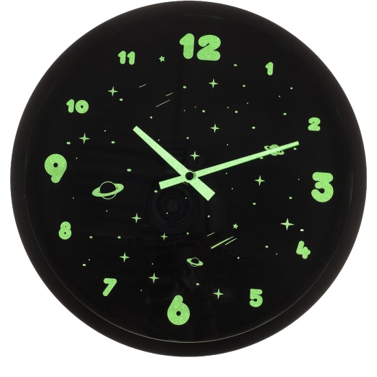 Ρολόι Τοίχου Διάστημα Φωσφοριζέ Μαύρο Πλαστικό Φ30cm