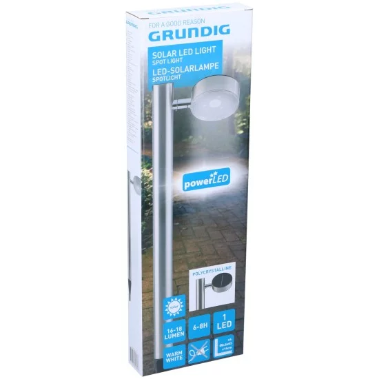 Φανάρι Κήπου Spot LED Θερμό Φως Ηλιακό Ασημί Μέταλλο 8.6x65x16cm GRUNDIG