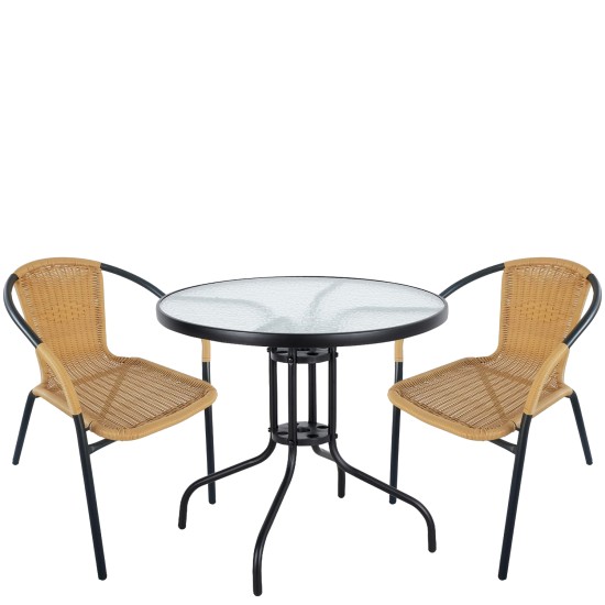 Σετ Τραπεζαρία Κήπου  EARTH Μαύρο/Μπεζ Rattan/Γυαλί/Μέταλλο Με 2 Πολυθρόνες 14990489