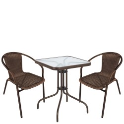 Σετ Τραπεζαρία Κήπου  MARS Καφέ Rattan/Γυαλί/Μέταλλο Με 2 Πολυθρόνες 14990526